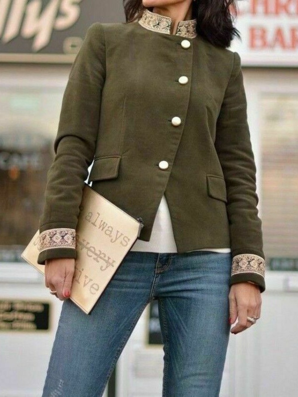 Zara Velvet Olive Green Gold Trim Military Style Jacket - XS - Picture 4 of 7